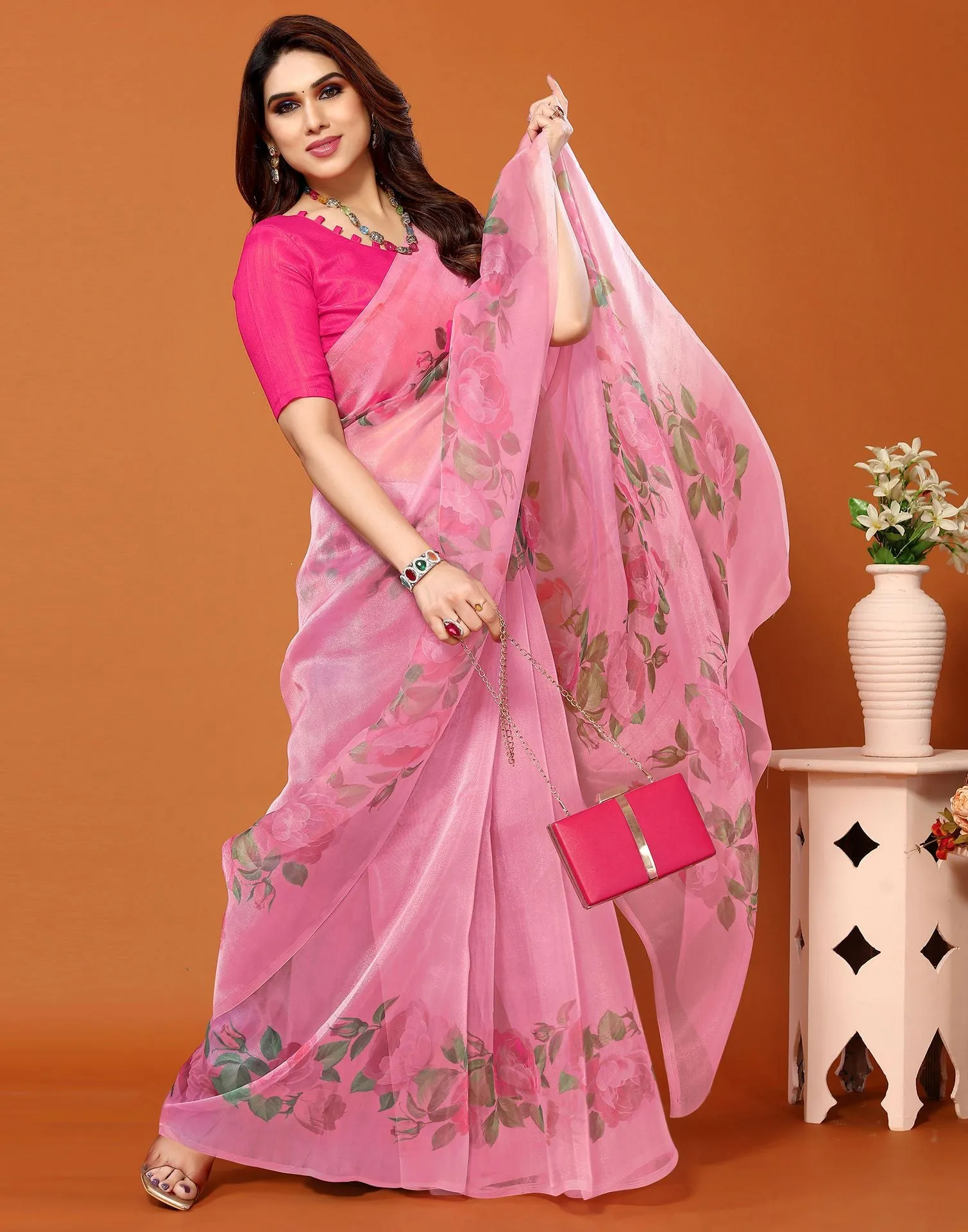 Pink Organza Printed Saree