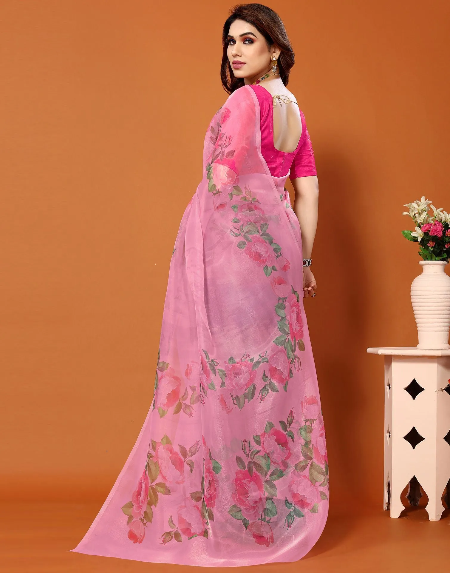 Pink Organza Printed Saree