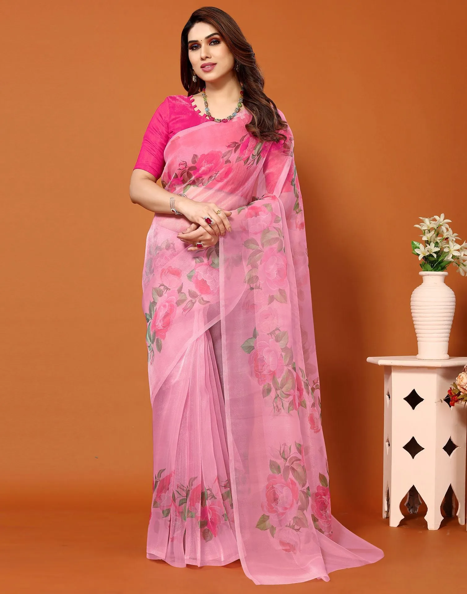 Pink Organza Printed Saree