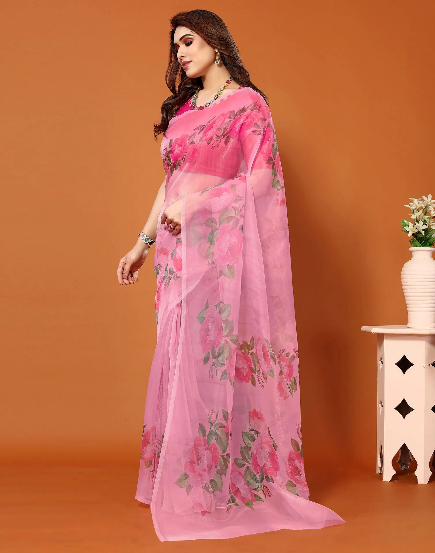 Pink Organza Printed Saree