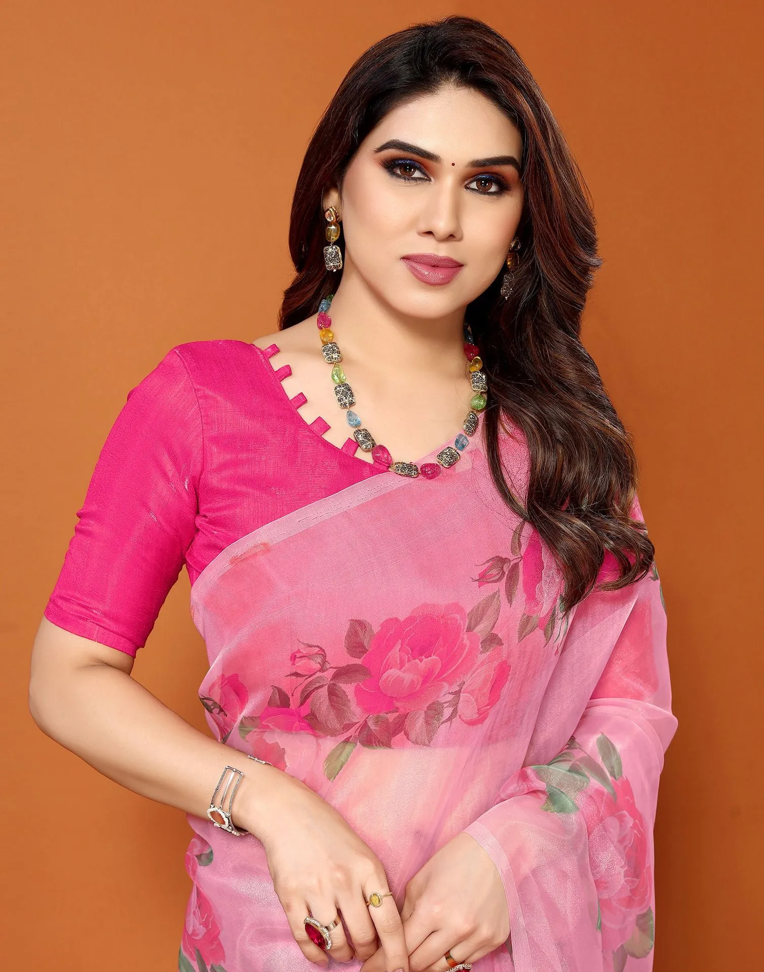 Pink Organza Printed Saree