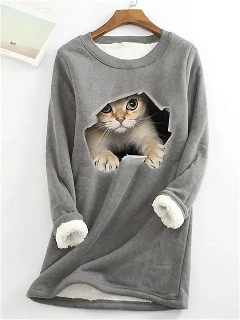 Plus Size Cat Street Casual Sweatshirt with Teddy Sherpa Fleece