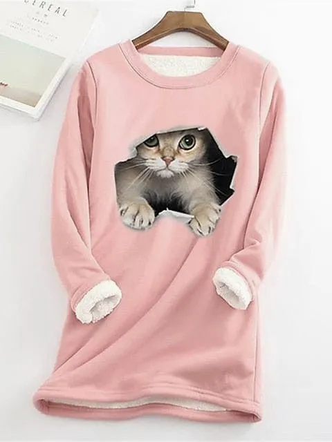 Plus Size Cat Street Casual Sweatshirt with Teddy Sherpa Fleece