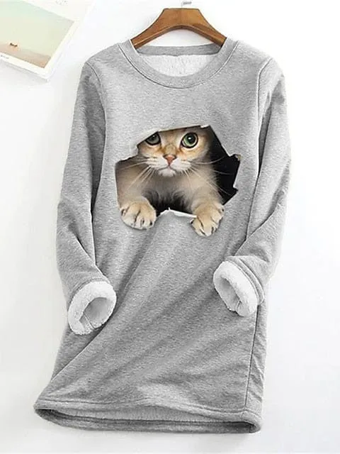 Plus Size Cat Street Casual Sweatshirt with Teddy Sherpa Fleece