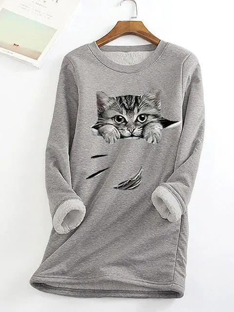 Plus Size Cat Street Casual Sweatshirt with Teddy Sherpa Fleece