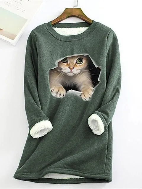 Plus Size Cat Street Casual Sweatshirt with Teddy Sherpa Fleece