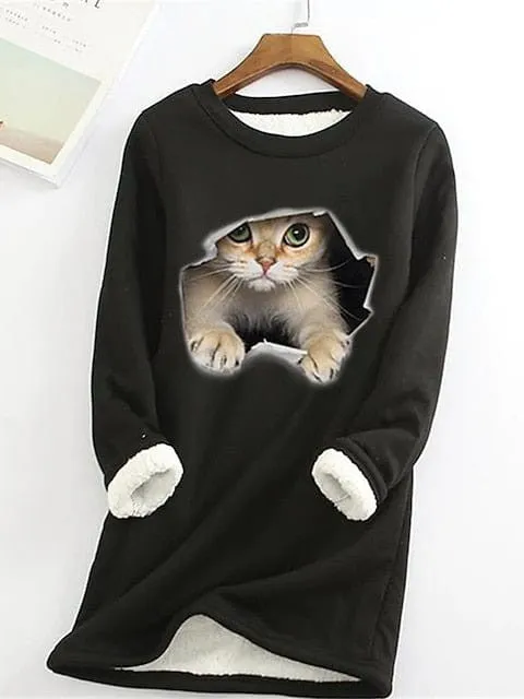 Plus Size Cat Street Casual Sweatshirt with Teddy Sherpa Fleece