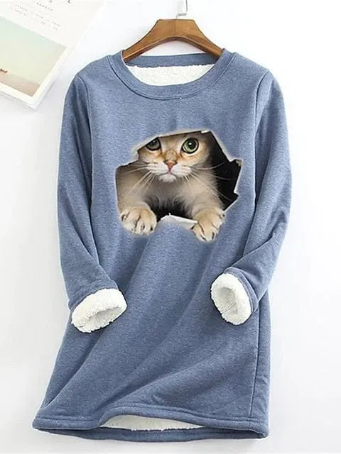 Plus Size Cat Street Casual Sweatshirt with Teddy Sherpa Fleece