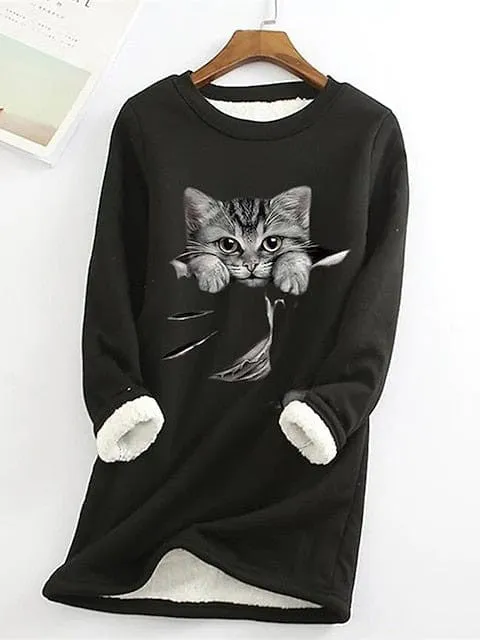 Plus Size Cat Street Casual Sweatshirt with Teddy Sherpa Fleece