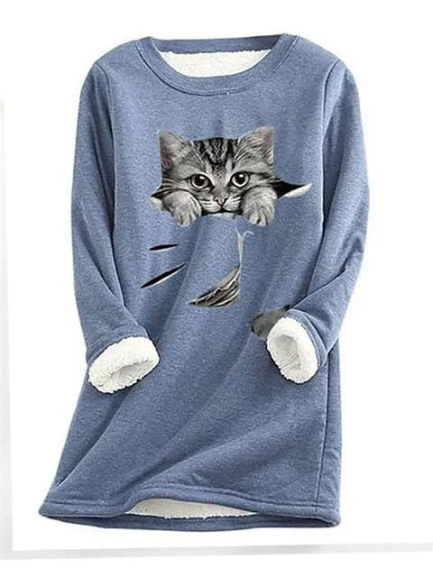 Plus Size Cat Street Casual Sweatshirt with Teddy Sherpa Fleece