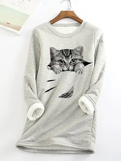 Plus Size Cat Street Casual Sweatshirt with Teddy Sherpa Fleece