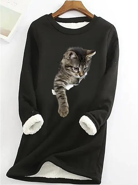 Plus Size Cat Street Casual Sweatshirt with Teddy Sherpa Fleece