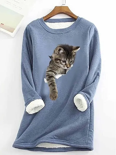 Plus Size Cat Street Casual Sweatshirt with Teddy Sherpa Fleece