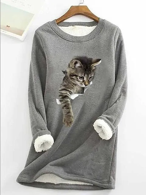 Plus Size Cat Street Casual Sweatshirt with Teddy Sherpa Fleece