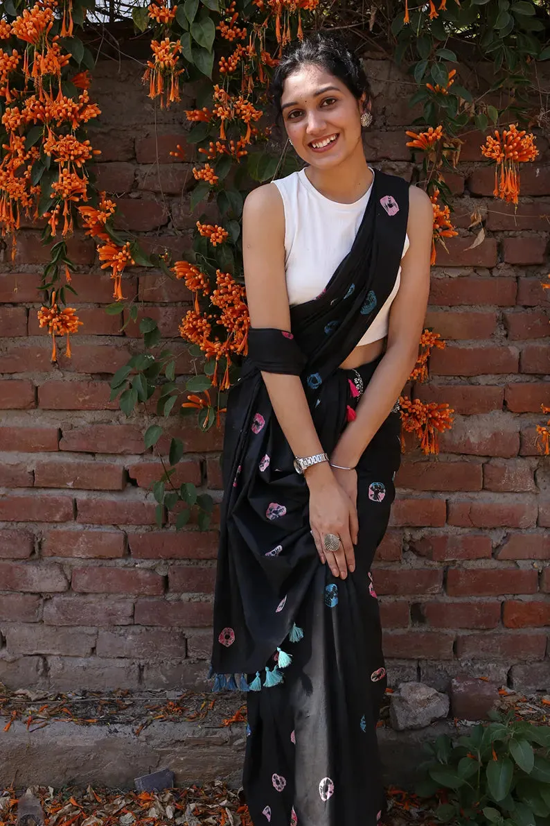 Rainbow Black - Tie-Dye Mulmul Cotton Bagru Saree