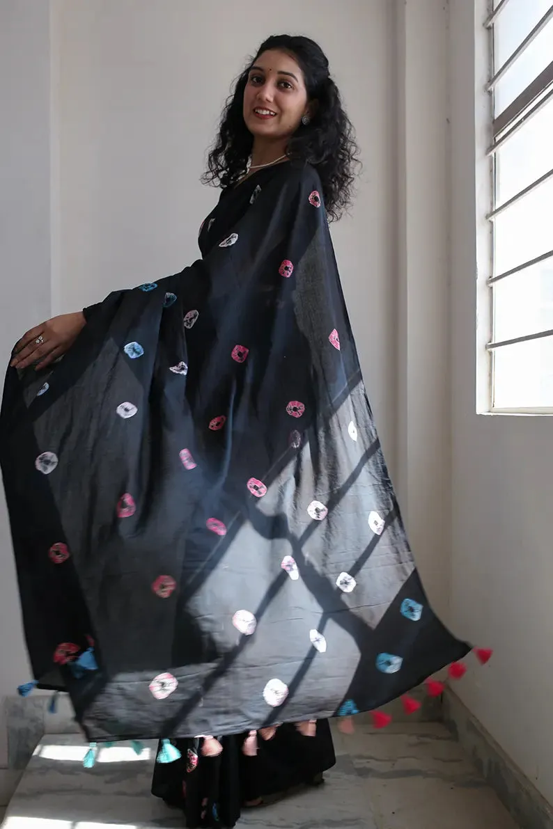 Rainbow Black - Tie-Dye Mulmul Cotton Bagru Saree