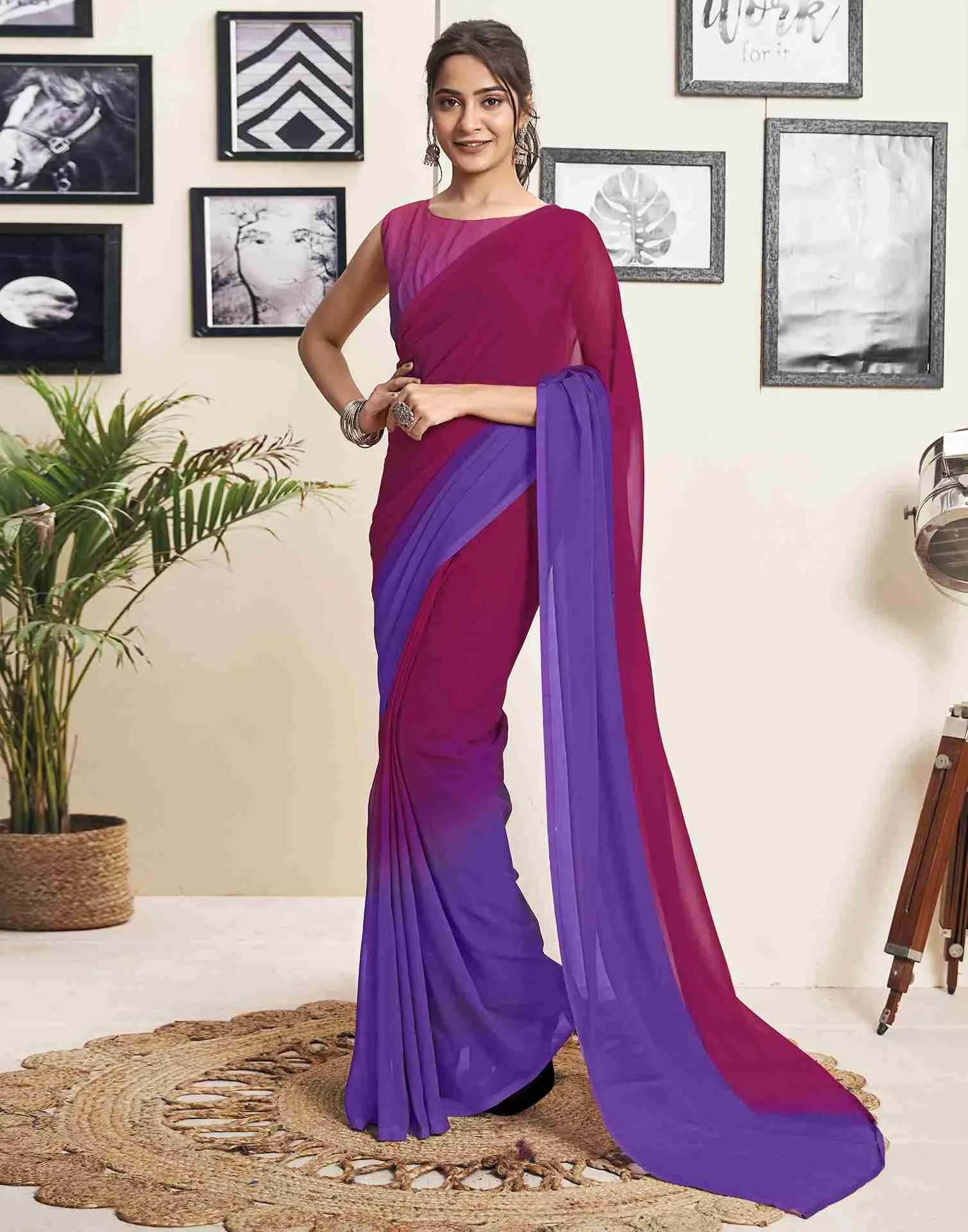 Ready To Wear Dark Pink Georgette Plain Saree