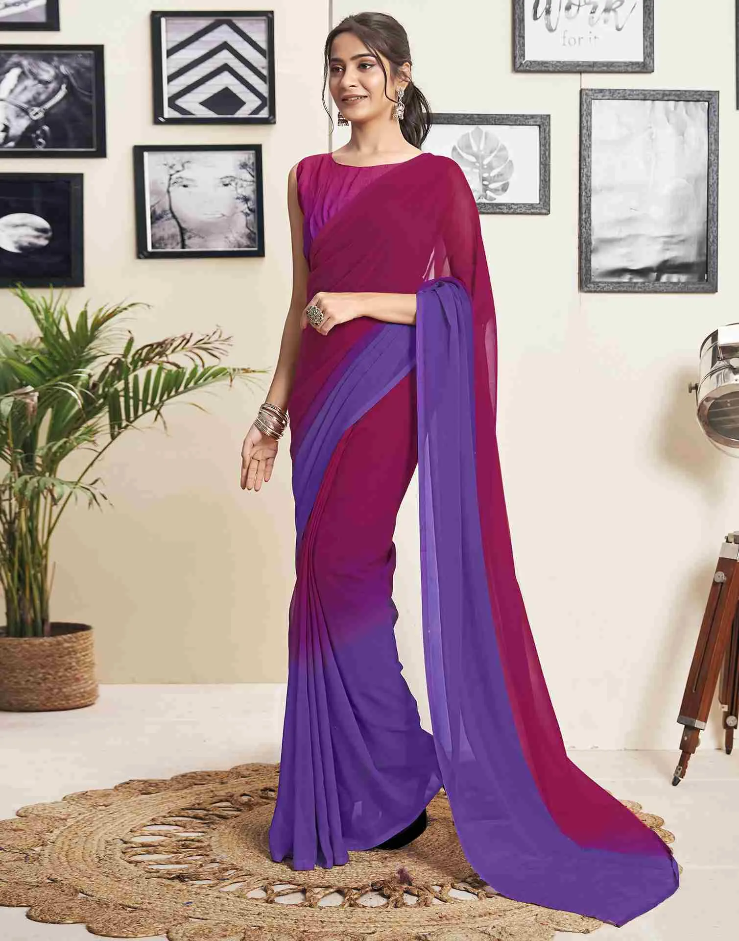 Ready To Wear Dark Pink Georgette Plain Saree