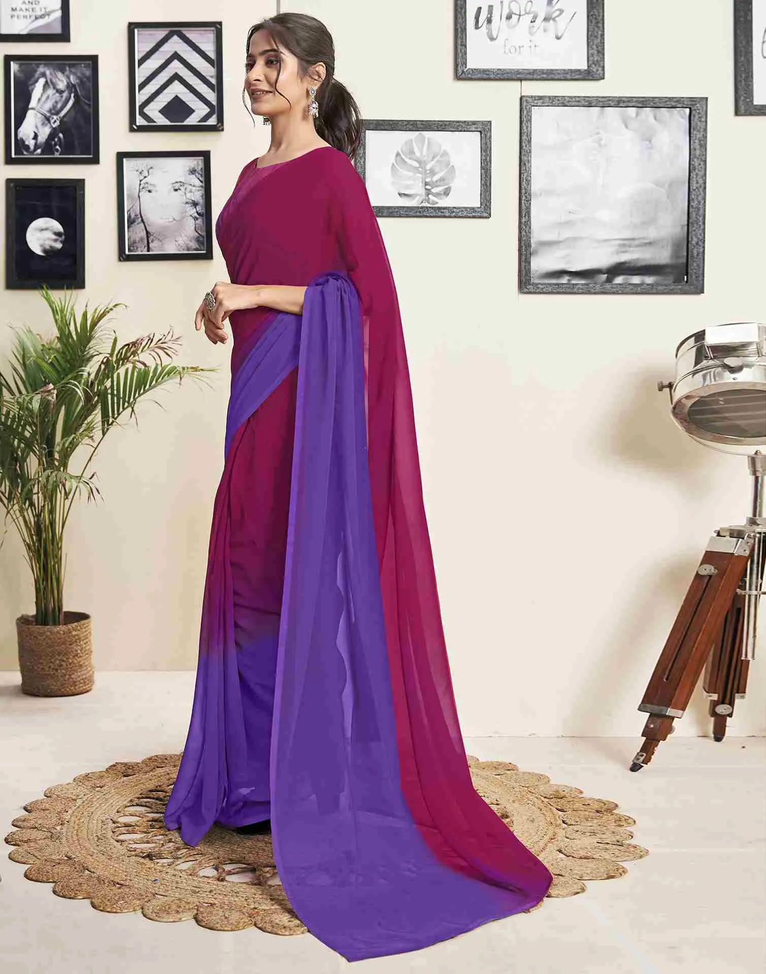 Ready To Wear Dark Pink Georgette Plain Saree