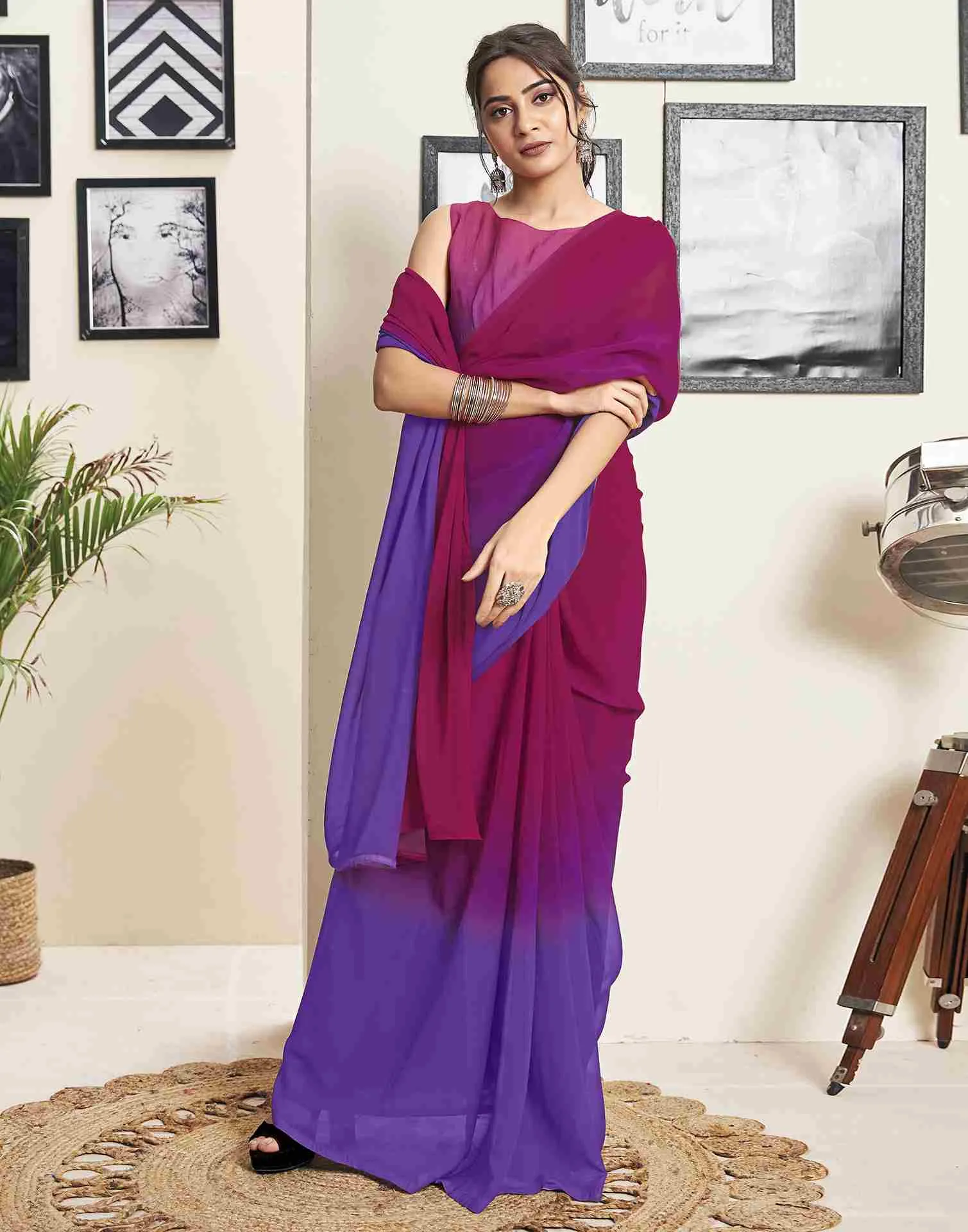 Ready To Wear Dark Pink Georgette Plain Saree