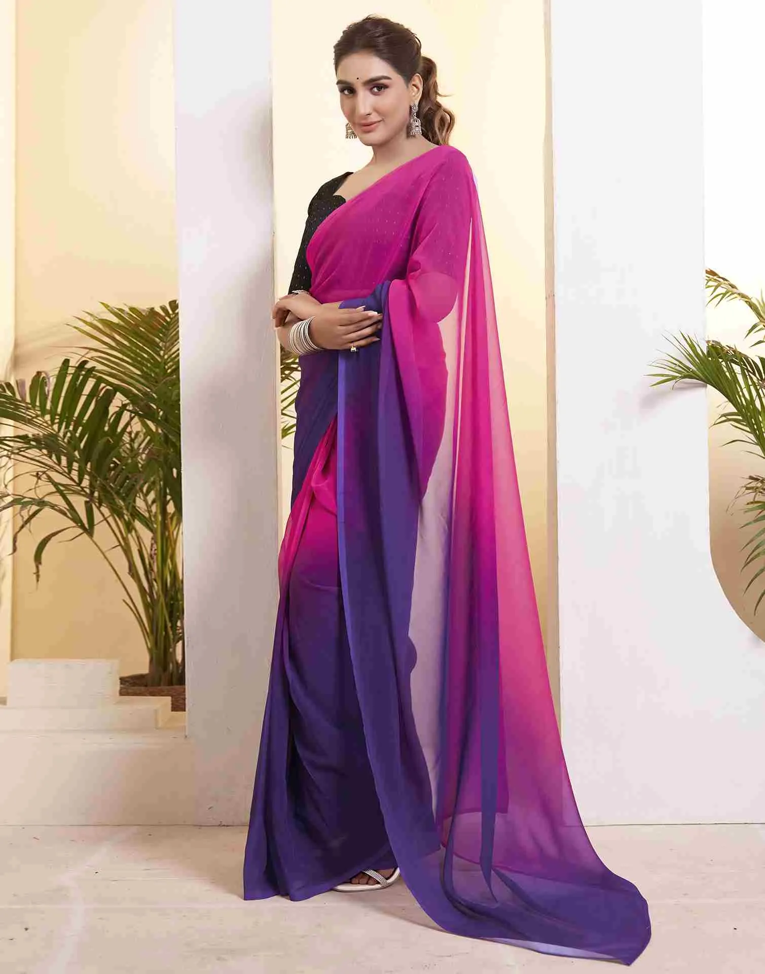 Ready To Wear Magenta Georgette Printed Plain Saree