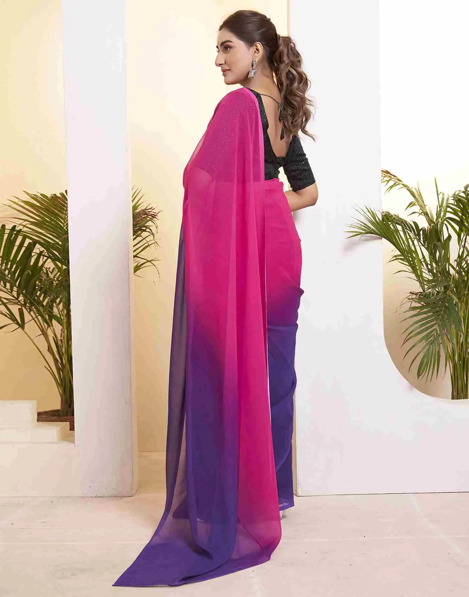 Ready To Wear Magenta Georgette Printed Plain Saree