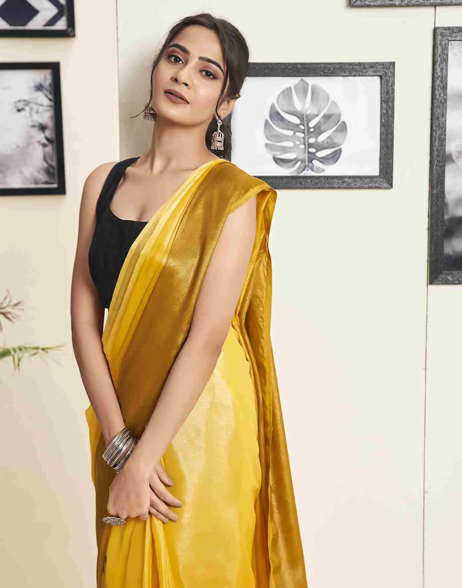 Ready To Wear Yellow Georgette Plain Saree