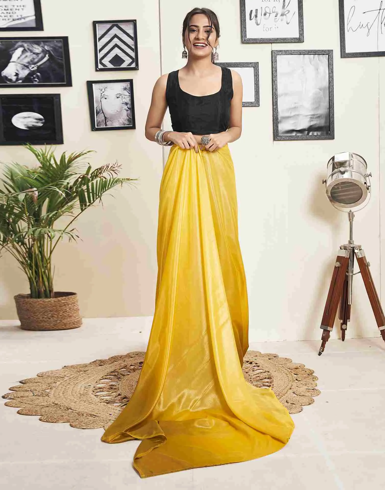 Ready To Wear Yellow Georgette Plain Saree