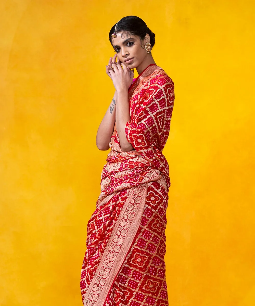 Red Handloom Georgette Banarasi Bandhej Saree With Cutwork Weave