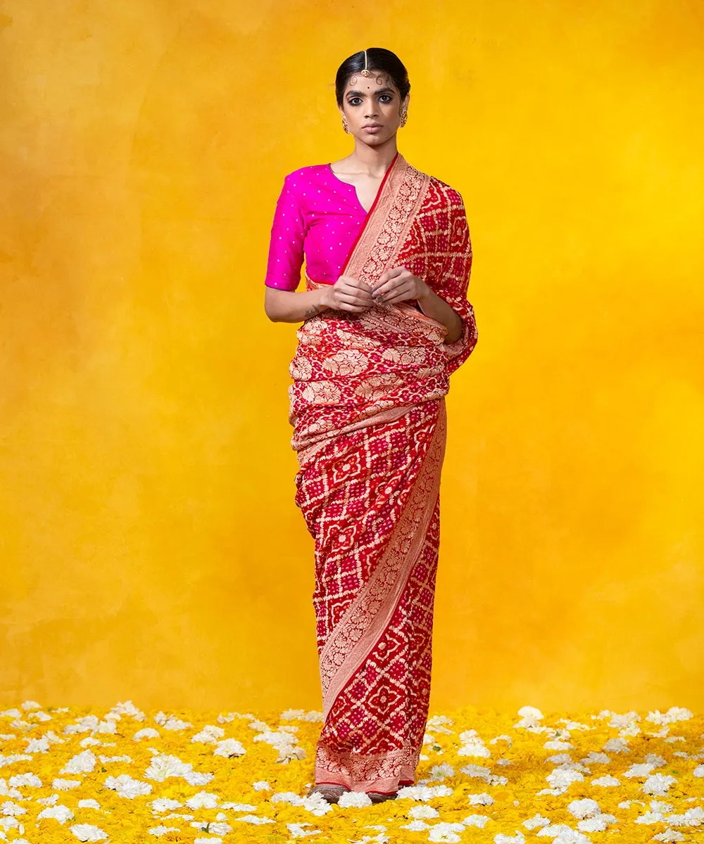 Red Handloom Georgette Banarasi Bandhej Saree With Cutwork Weave