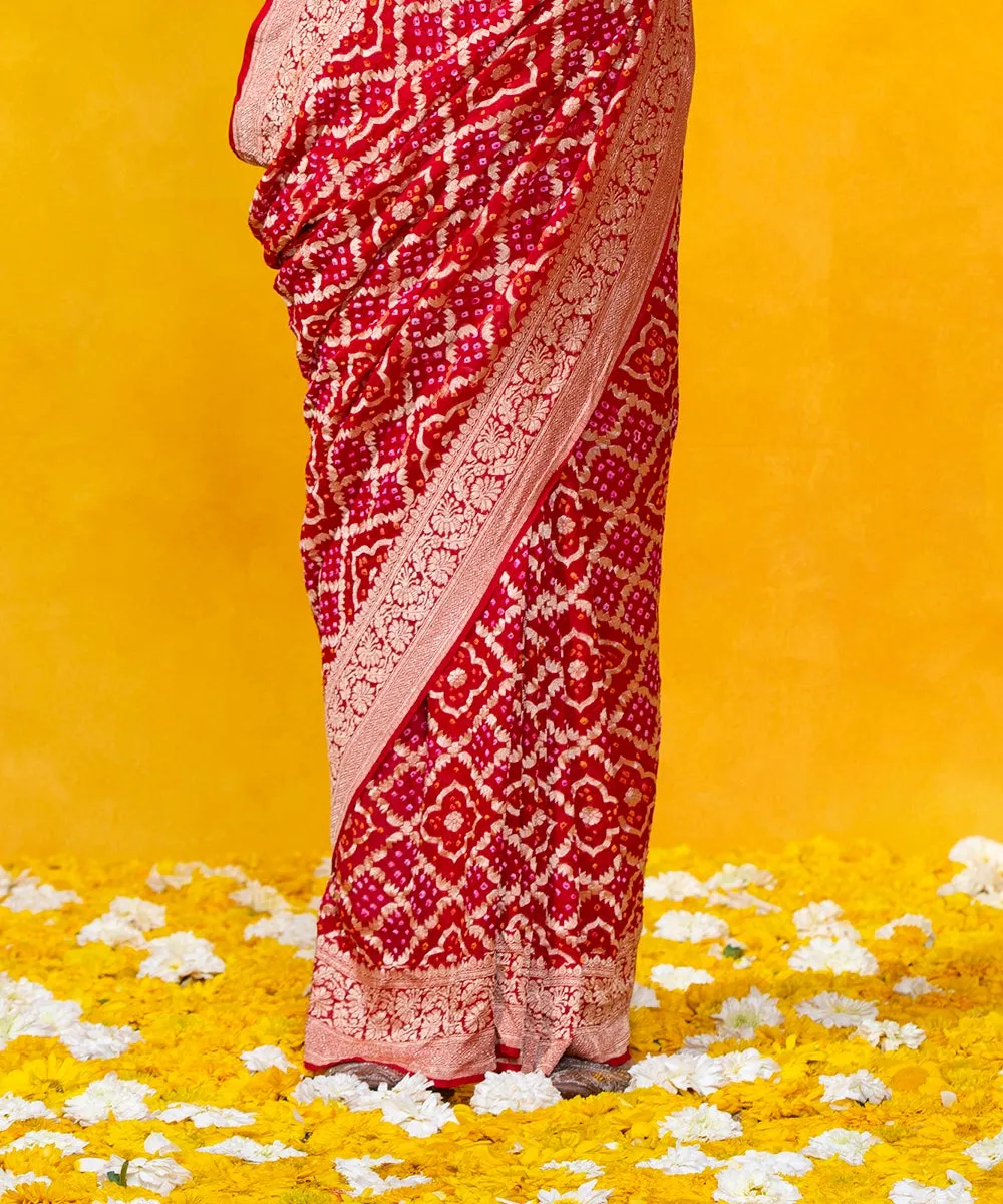 Red Handloom Georgette Banarasi Bandhej Saree With Cutwork Weave