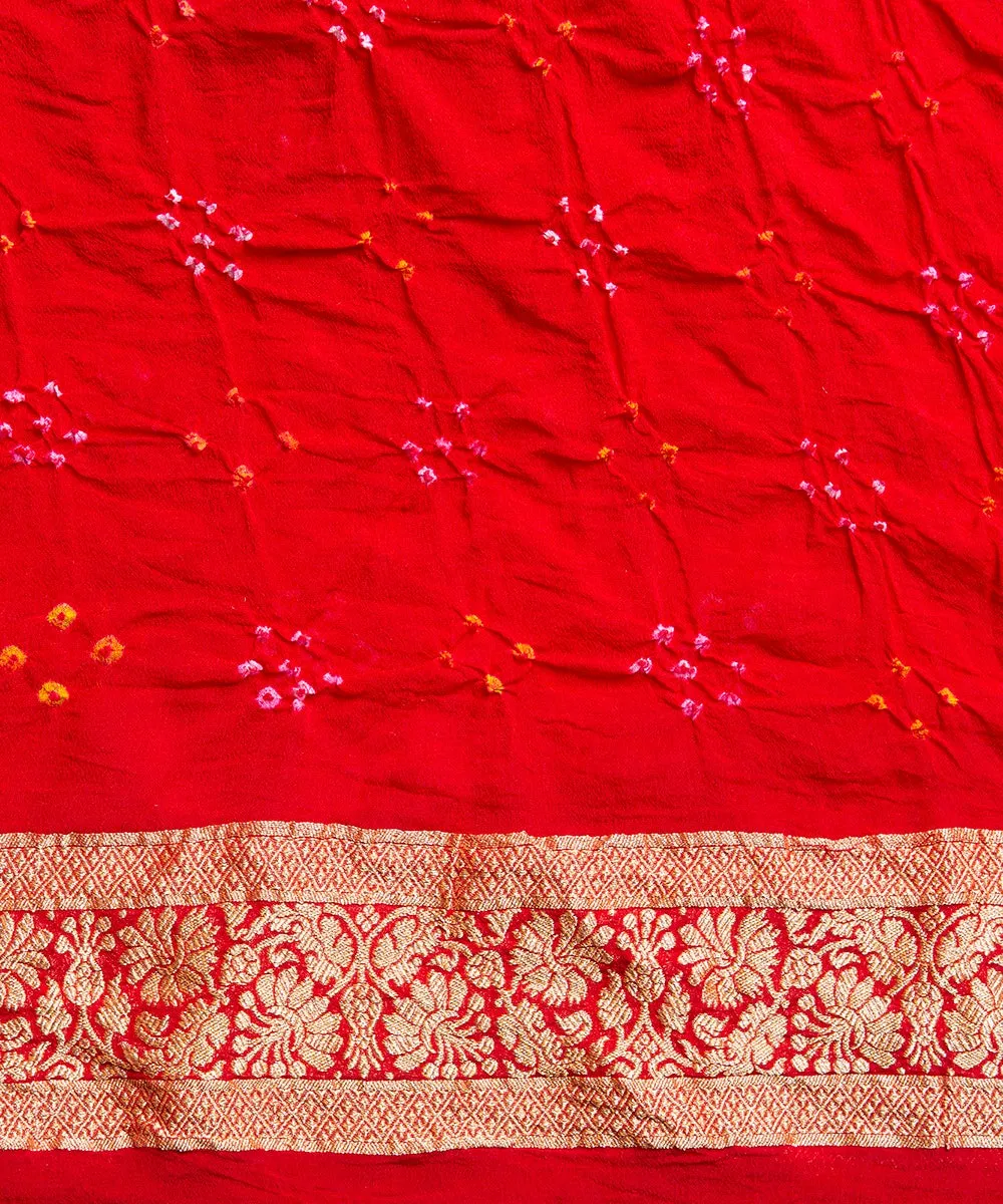 Red Handloom Georgette Banarasi Bandhej Saree With Cutwork Weave