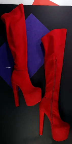 Red Suede Chunky Heel Over the Knee Boots