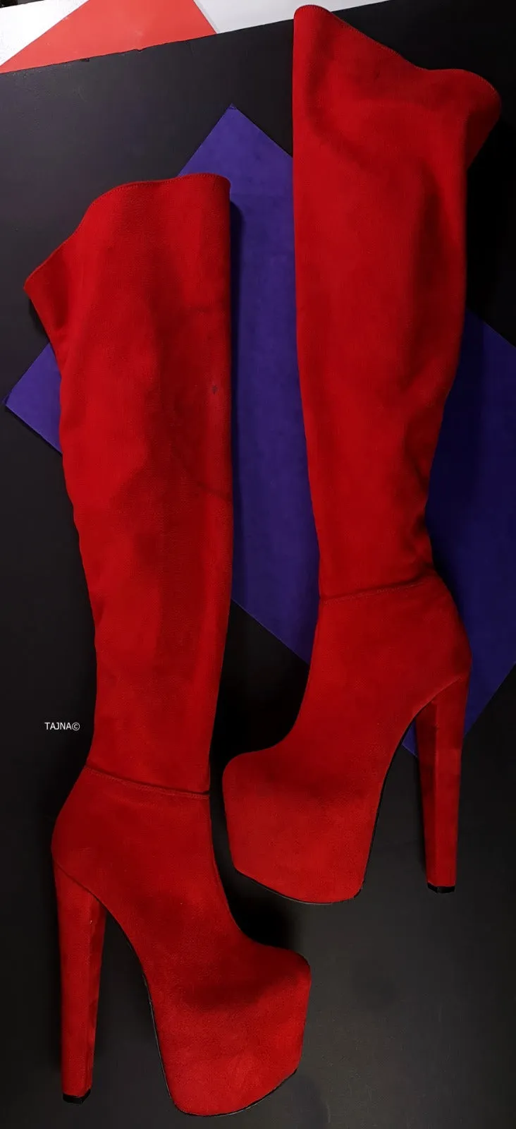 Red Suede Chunky Heel Over the Knee Boots