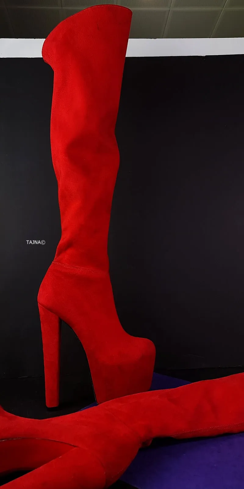 Red Suede Chunky Heel Over the Knee Boots