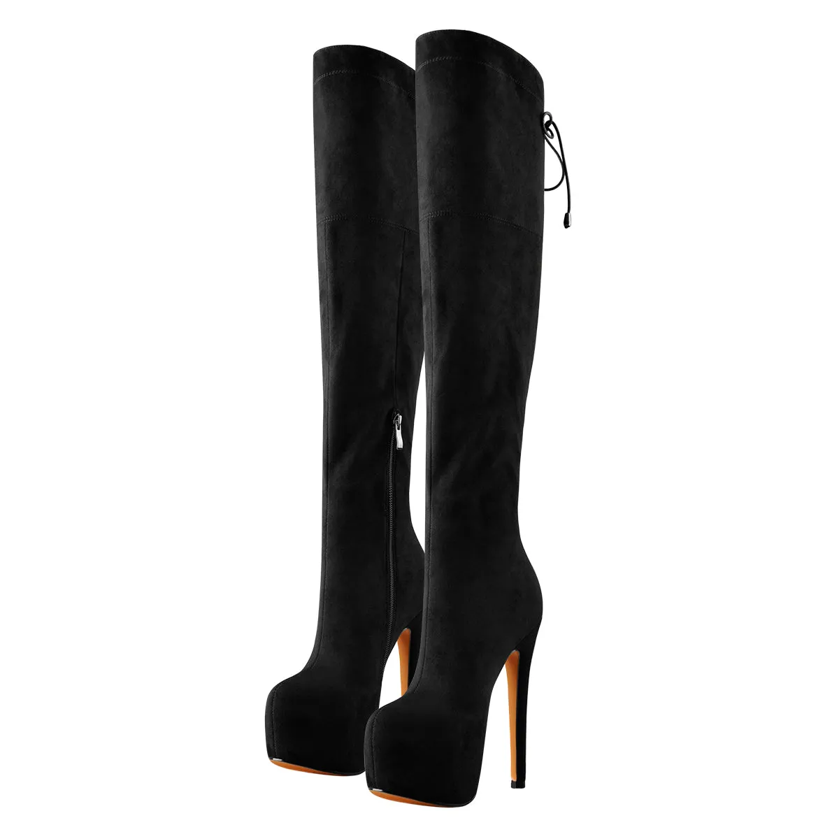 Round Toe Platform Over The Knee Boots in Black Suede