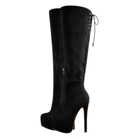 Round Toe Platform Over The Knee Boots in Black Suede