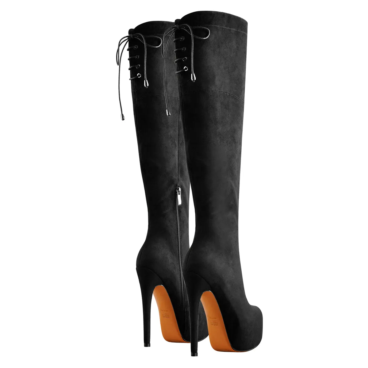 Round Toe Platform Over The Knee Boots in Black Suede