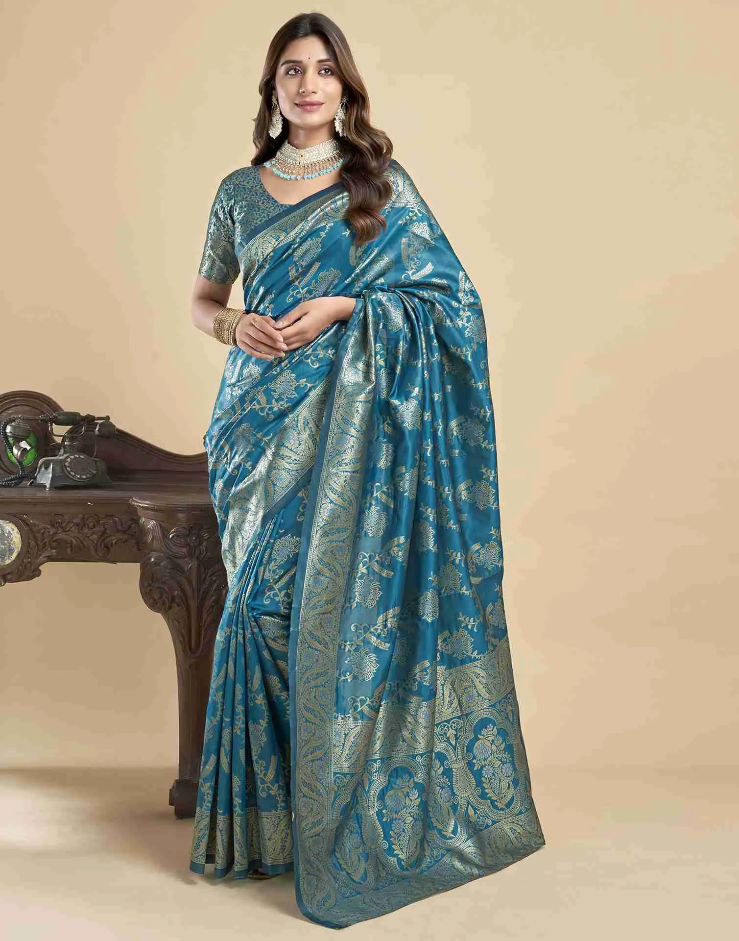 Sky Blue Floral Banarasi Silk Saree