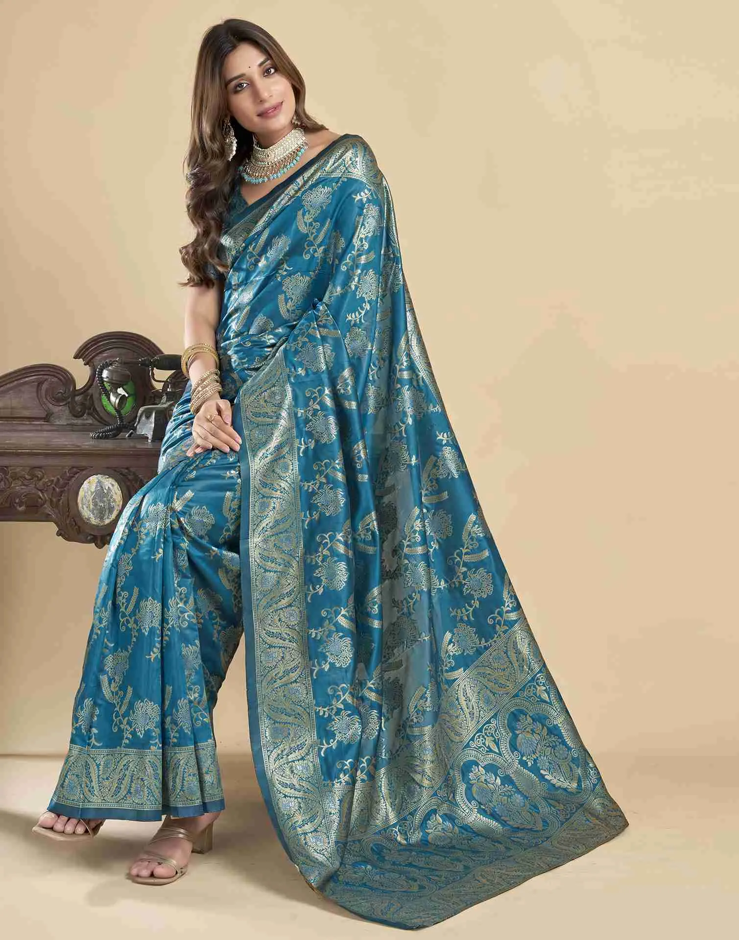 Sky Blue Floral Banarasi Silk Saree