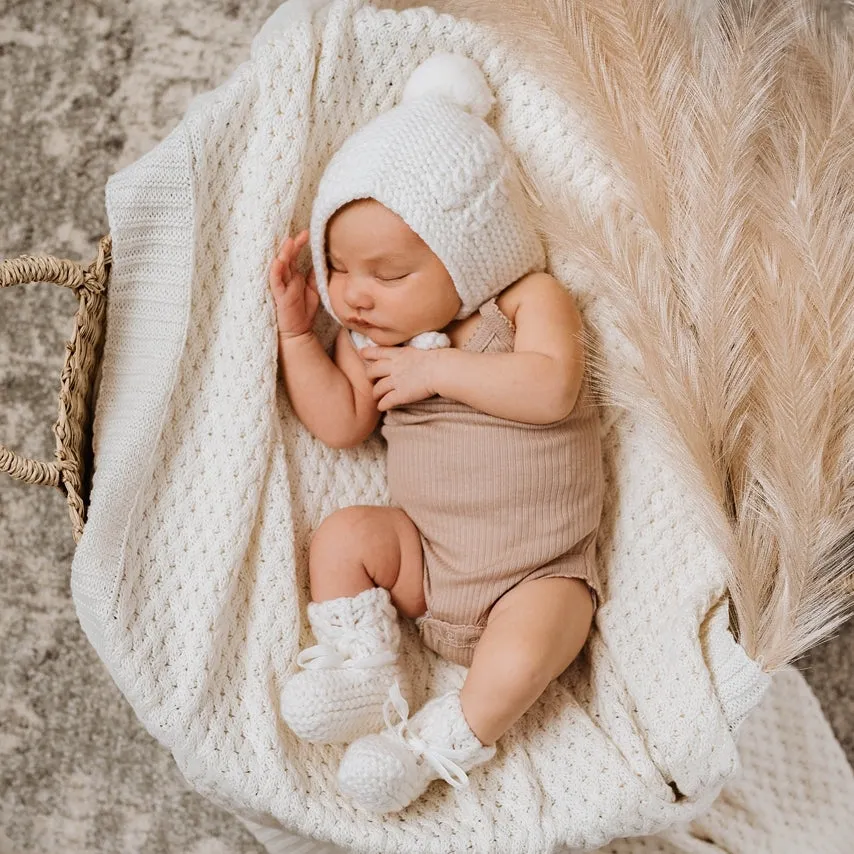 Snuggle Hunny Ivory Merino Wool Bonnet and Booties Set