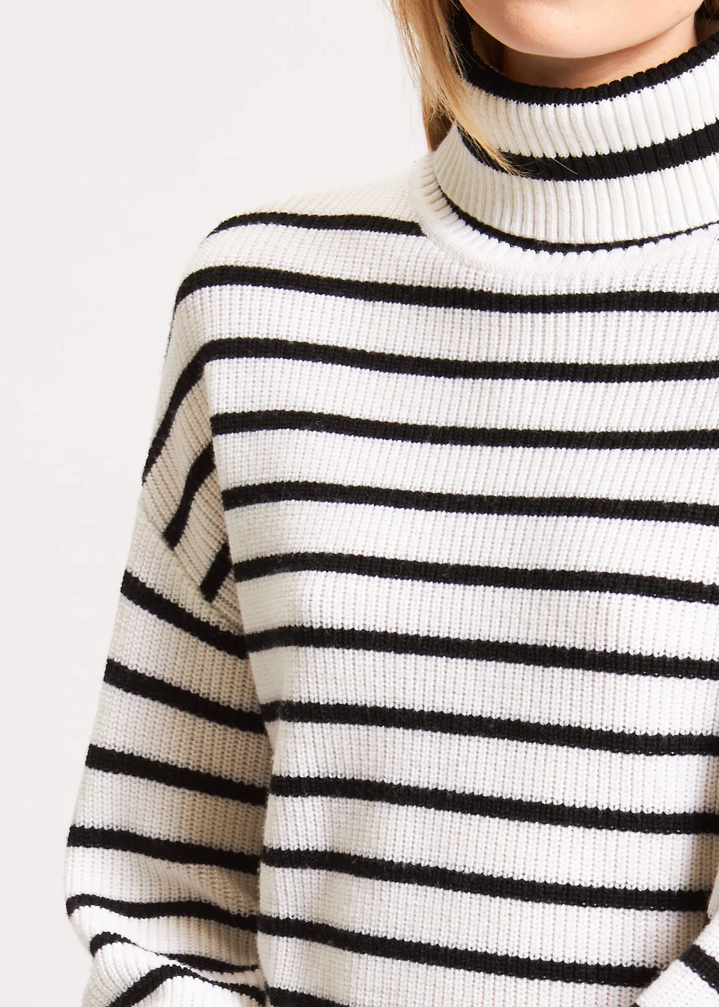 Stripe pattern turtleneck shirt.