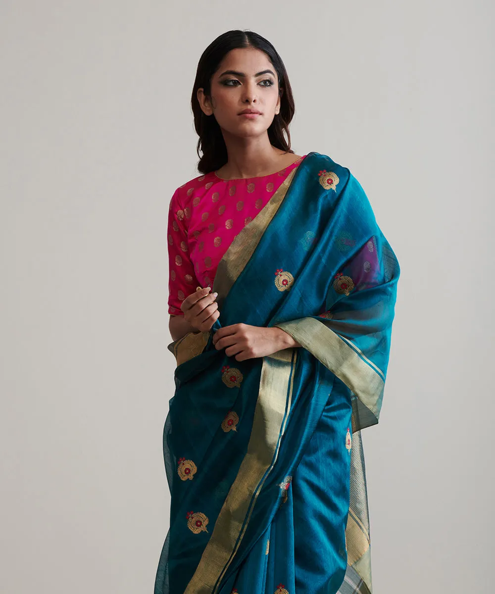 Teal Green Handloom Pure Chanderi Silk Saree With Meenapatti