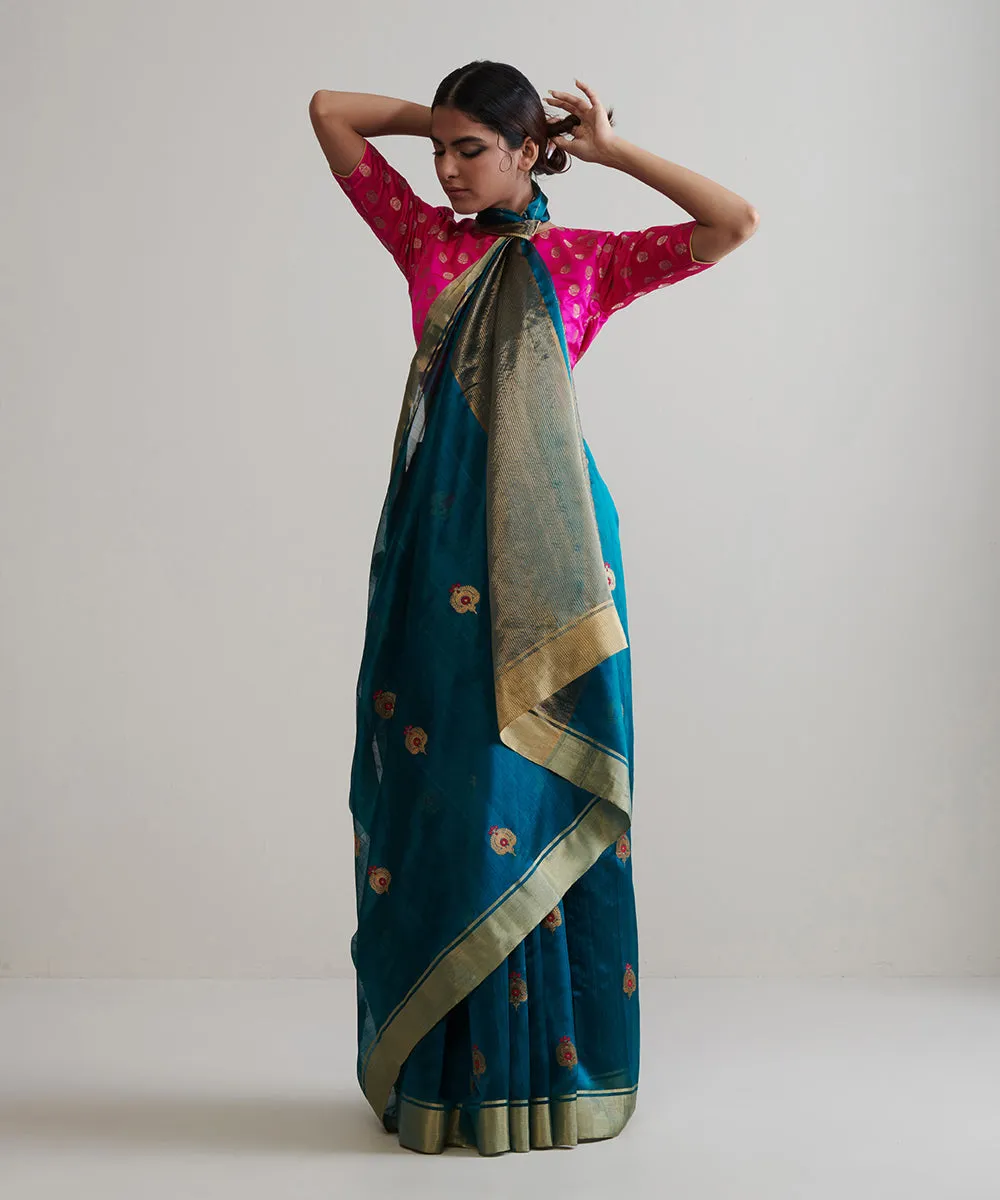 Teal Green Handloom Pure Chanderi Silk Saree With Meenapatti