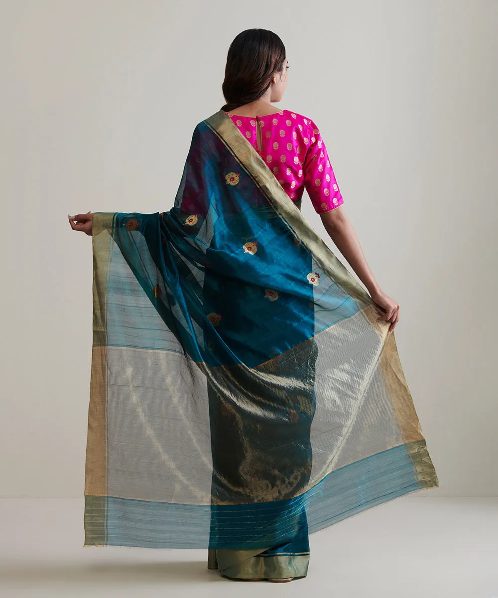 Teal Green Handloom Pure Chanderi Silk Saree With Meenapatti