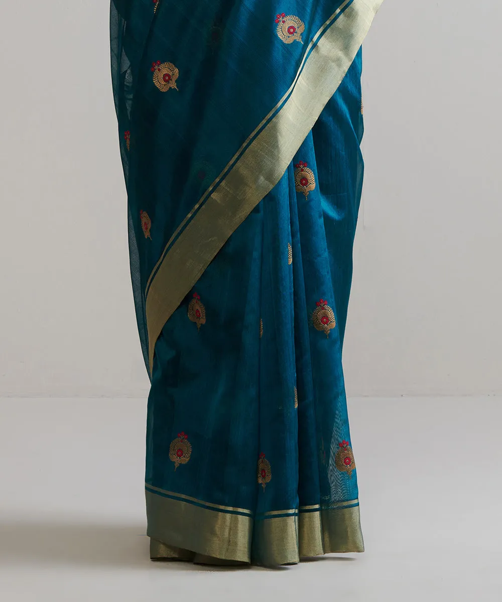 Teal Green Handloom Pure Chanderi Silk Saree With Meenapatti