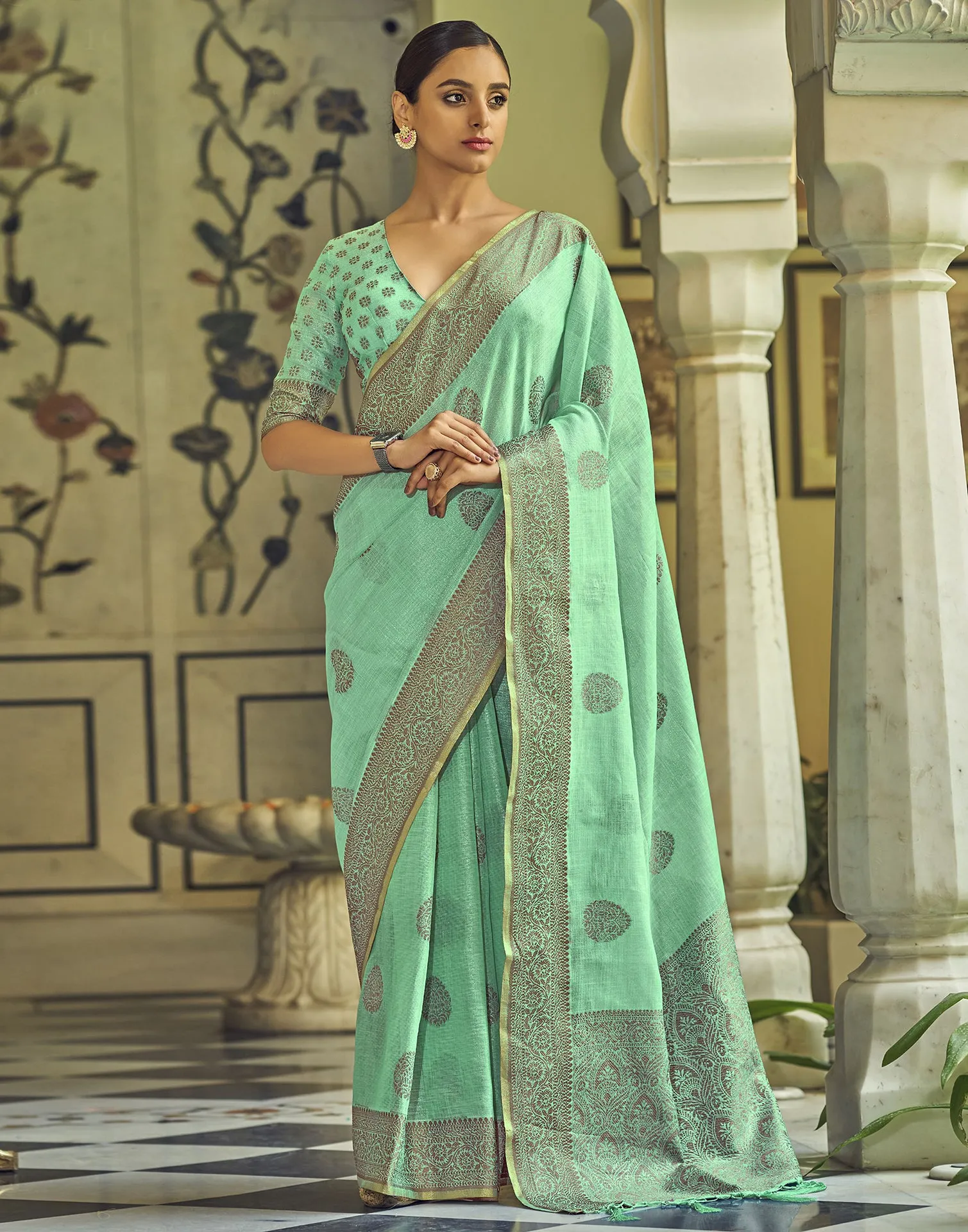 Turquoise Linen Saree