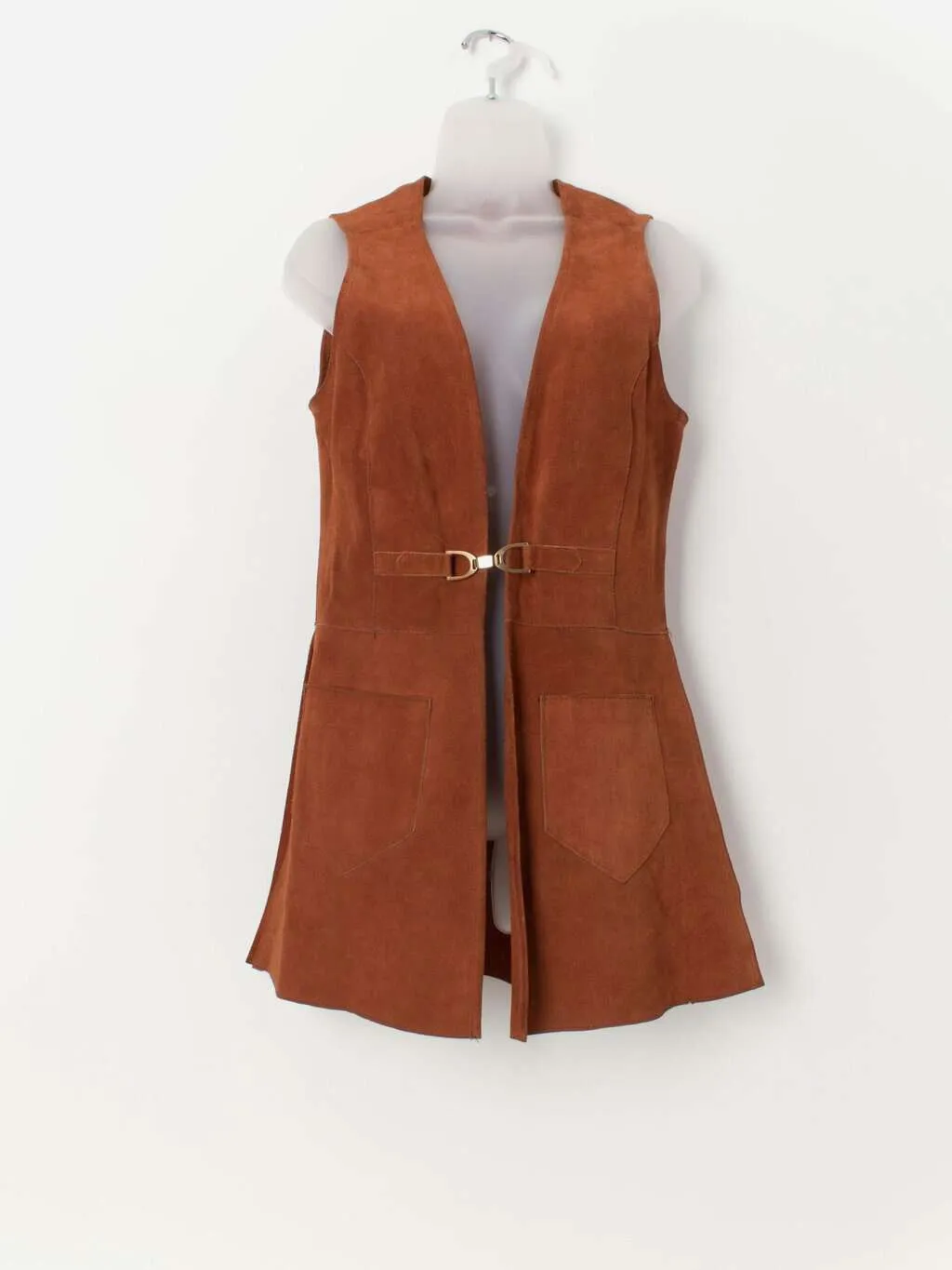 Vintage long suede waistcoat in tan brown – Medium