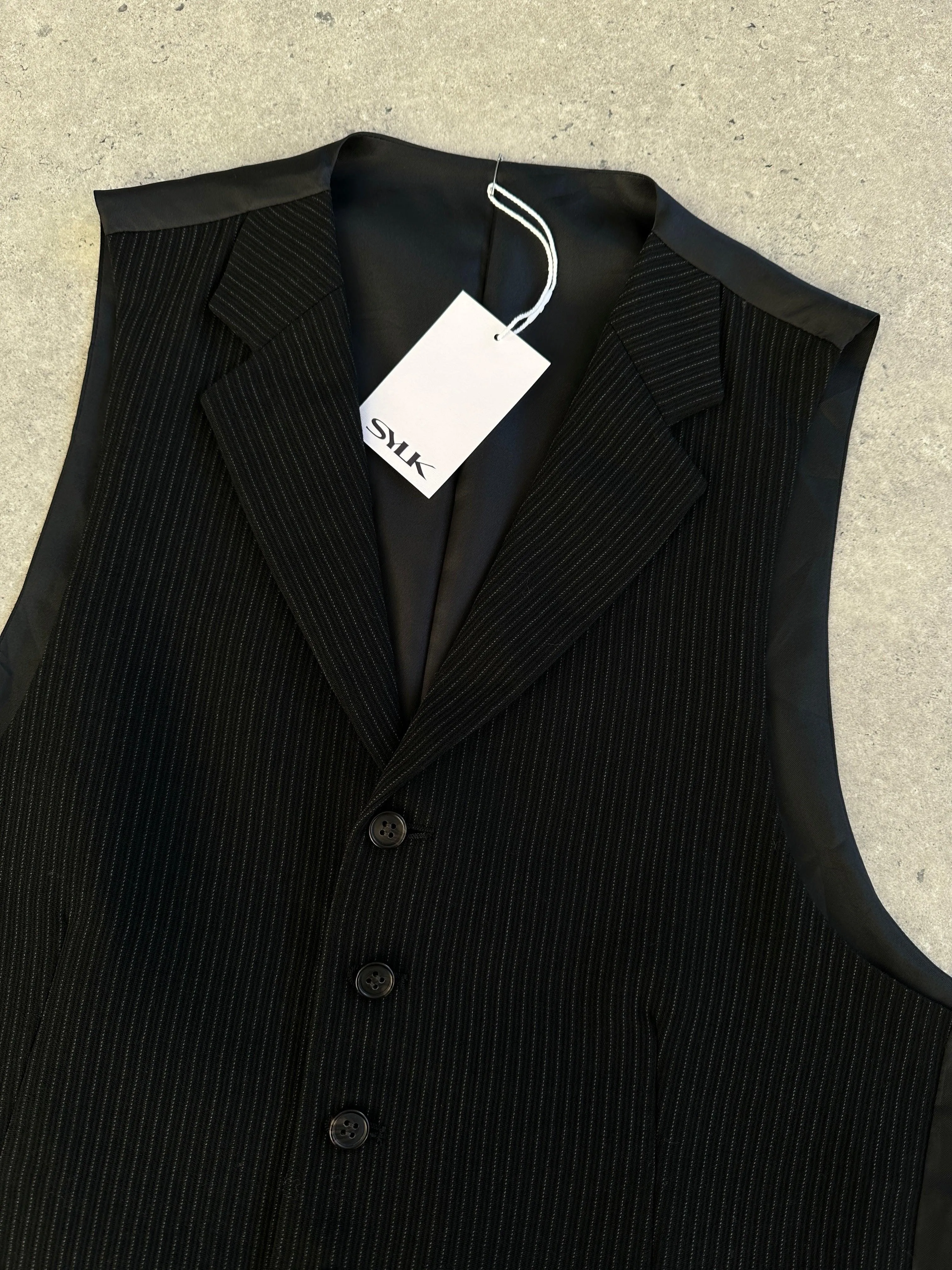 Vintage Wool Pinstripe Collared Waistcoat - L