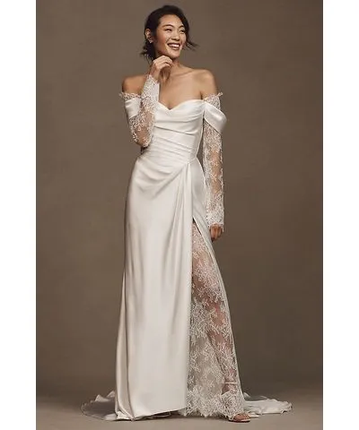 Watters Harlow Off-The-Shoulder Satin & Lace Wedding Gown